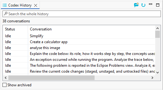 Codex History view listing past conversations