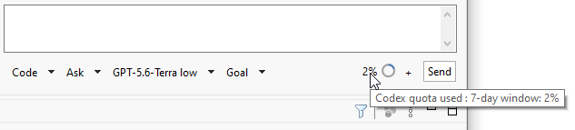 Codex toolbar with model selector and quota indicator