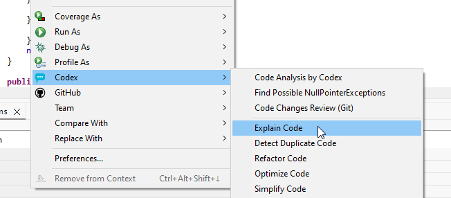 Codex context menu inside the Eclipse editor