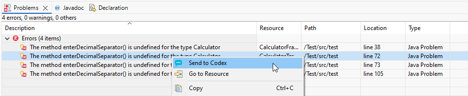 Send to Codex from the Problems view