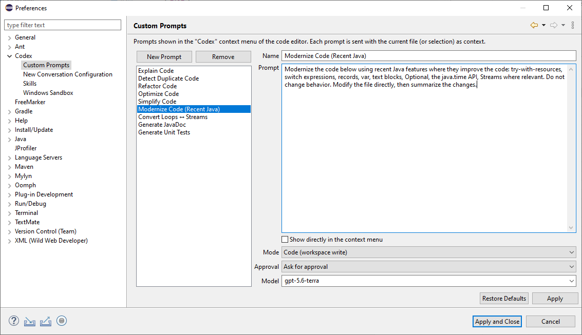 Custom Prompts preferences page